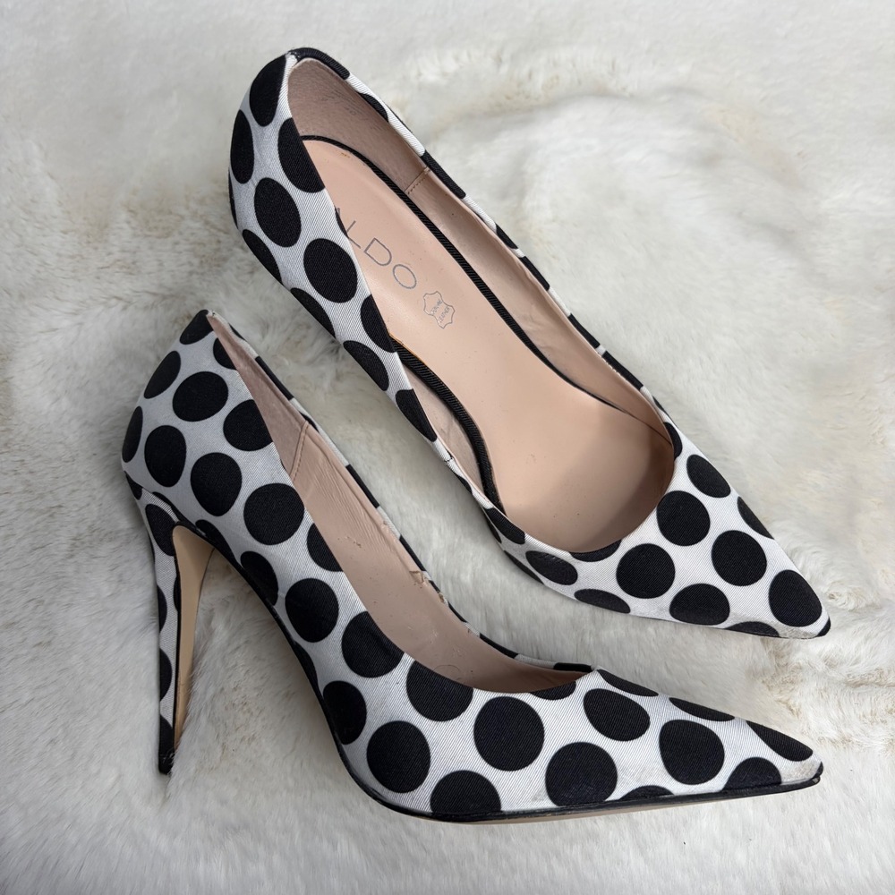 Aldo Stessy Polka Dot Pointed Toe Stiletto Pumps Black White Womens Size 9